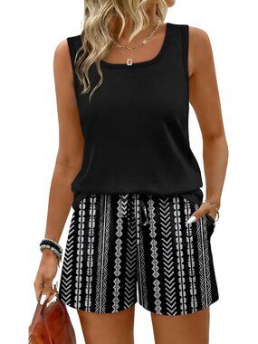 🆕Women Black Vertical 2 Piece Sets Summer Lounge Short Sets Tank Square Neck